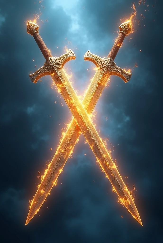 Two Swords Crossed Without Hands, blue color , with gray and silver on the blade , Yeshua written on the blade of gold fire