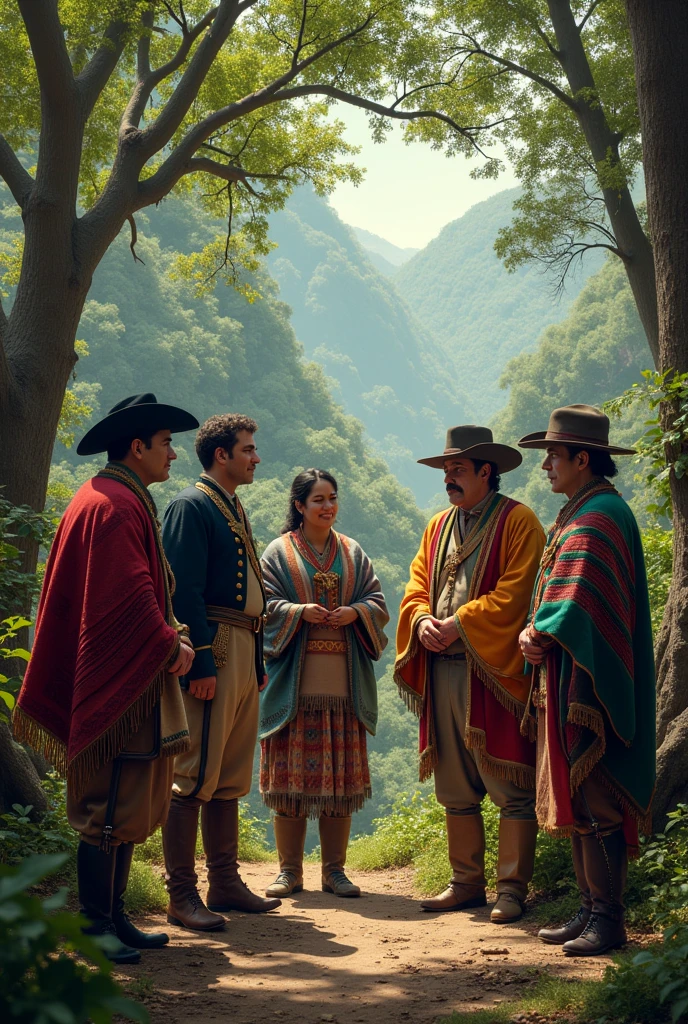 Spaniards in uniform , Talking to very native natives with ponchos from Peru , in a forest with a slight slope