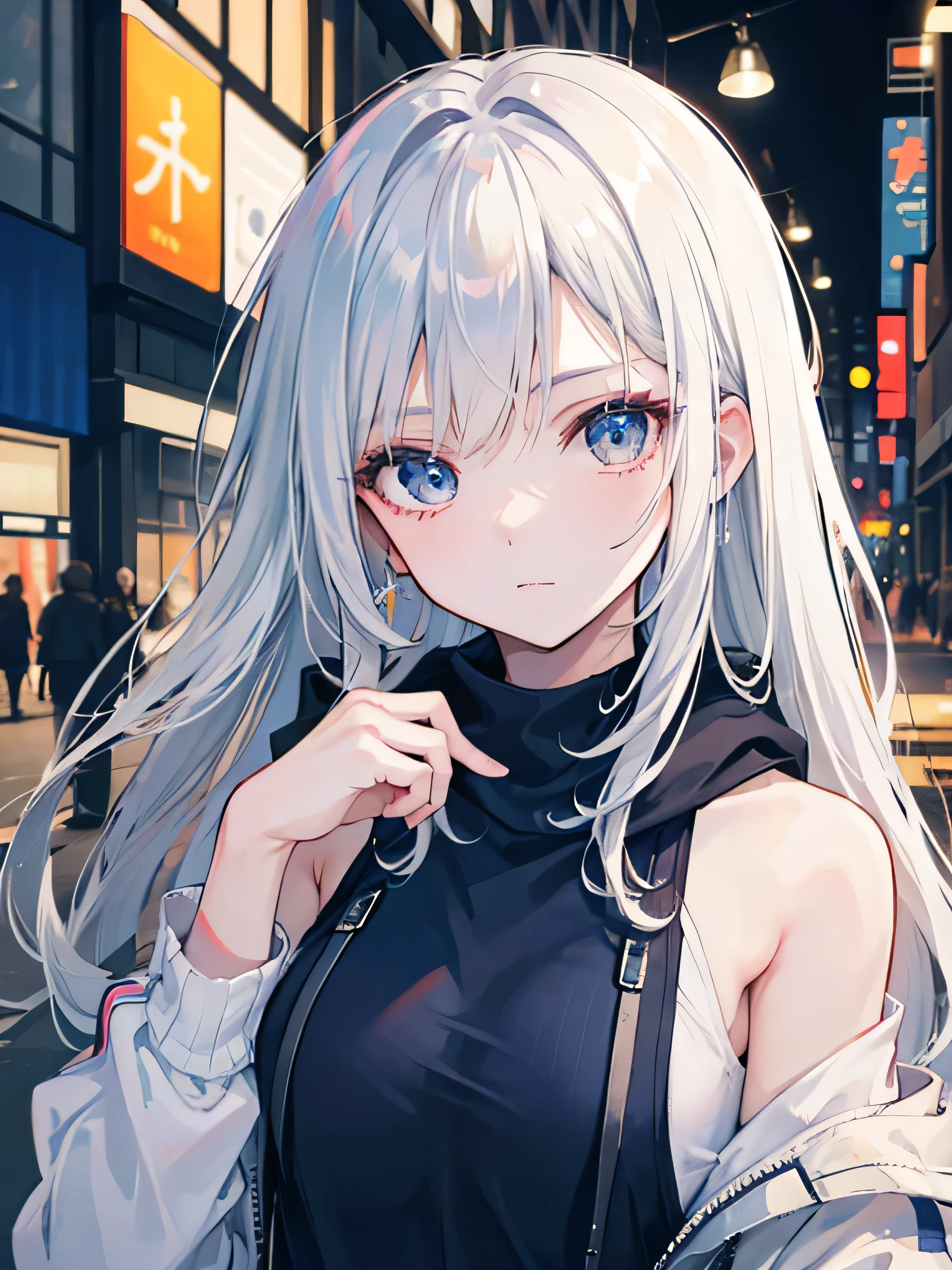(masterpiece), (best quality), (highest Quality), (Ultra detailed), (highest Resolution), 8K, High definition RAW color art, holographic, anime style, beautiful face, ultra detailed face, beautiful and detailed eyes, Pointing finger to viewer, a teenager lady, patternless hoodie, jeans, off shoulder, (navy eyes:1.2), (white hair:1.2), (long hair:1.2), silky Touch, urban, shadow, night, street