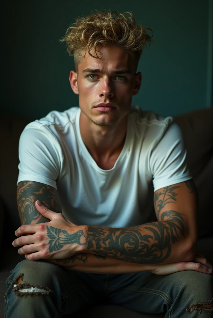 Dark image, Pop art, A young and handsome man of 20 years old, with curly blonde hair and green eyes that convey sadness. his face is attractive, Without beard, but with some marks that suggest it has been through difficult times. He is sitting on a sofa in a dark and neutral environment, with elbows resting on knees. He is wearing a white shirt that highlights his athletic figure and worn mechanic's pants.. Both of his arms are covered in tattoos., which adds an artistic touch to its appearance. The expression on his face reflects melancholy., creating an introspective atmosphere, that the image looks dark and only focuses on the young man