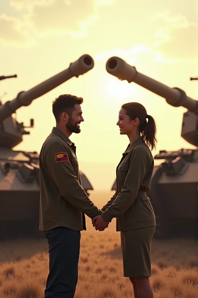 Two great friends, shaking each other's hands, with a tank behind each one, representing them