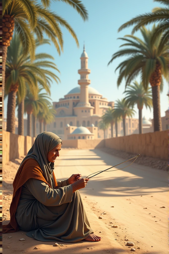 An old woman sitting on the way to the mosque is holding a heavy needle. The scene will be Arabian.
There will be palm trees and small stones along the road.
Baluka Rashi all around, a mosque can be seen in the distance.
