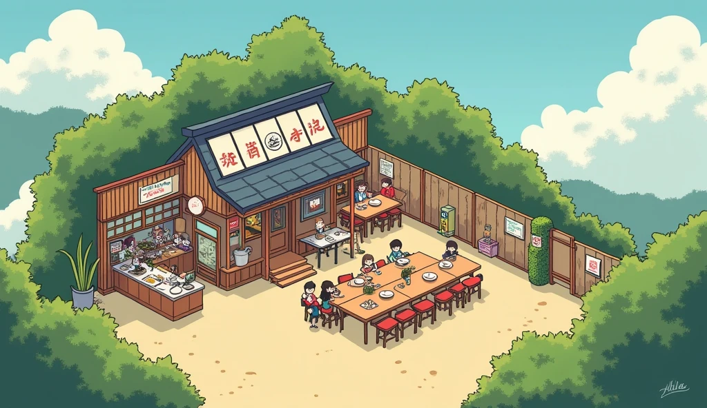 (masterpiece:1.2, Highest quality,Ultra-high resolution,Super detailed),8k,(wallpaper),(Best illustrations:2.0),(chibi Japanese restaurant : 2.0),(Japanese restaurant ,Very simple design),(isometric illustration) lofi, cozy, Studio ghibli style ,pastel tones, landscape