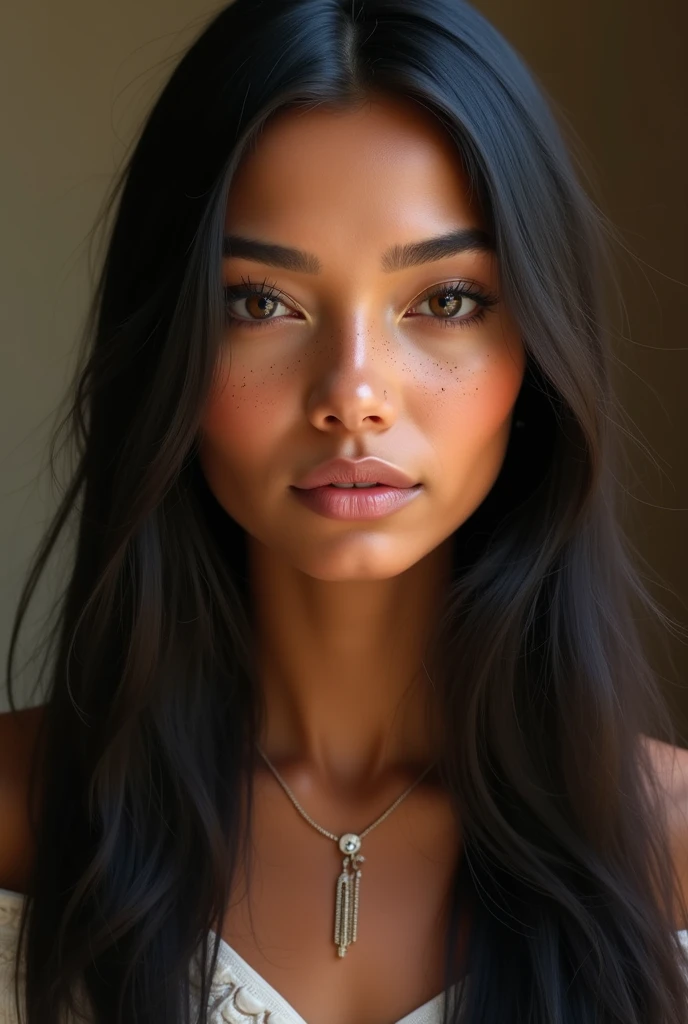 An indigenous woman,almond skin, light brown eyes,full lips,delicate and fine lines, long straight hair