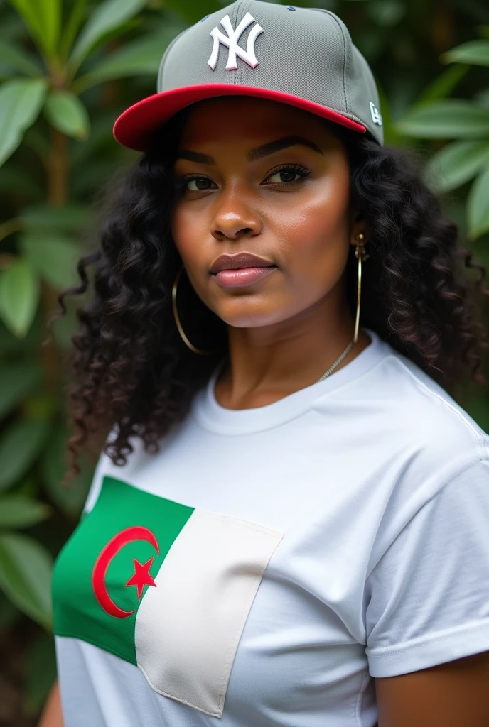 Close up, fat girl, new york yankees white 9fifty, white t shirt with algerian flag detail and green white red color, green nature background
