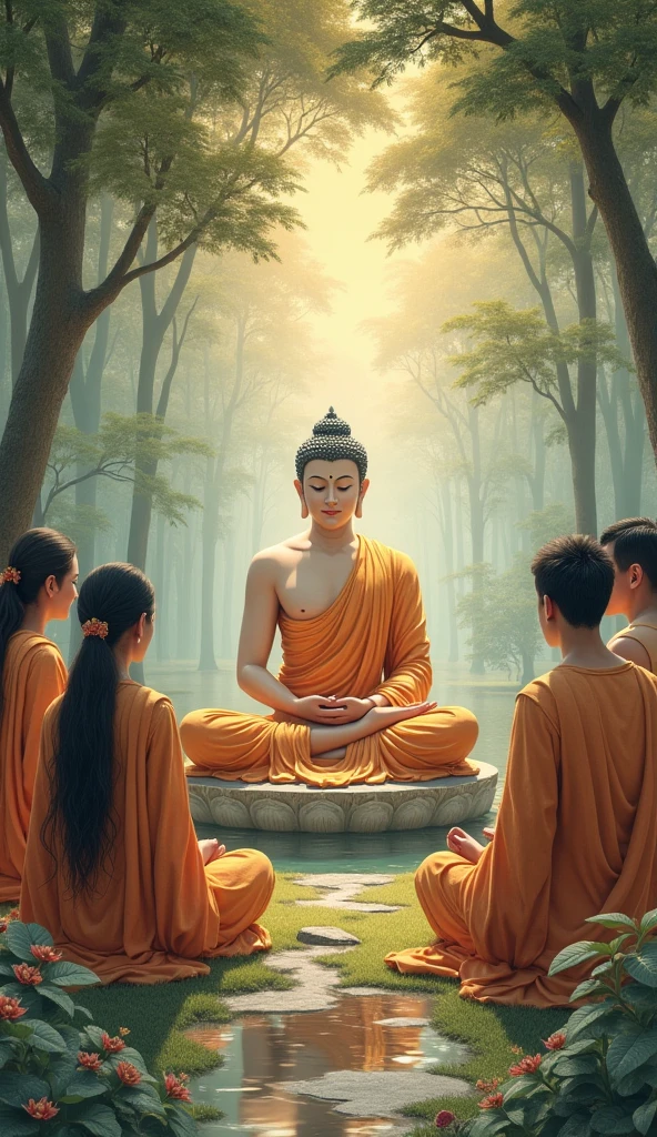 Gautam Buddha is depicted in a serene setting, surrounded by his disciples, as the woman, now at peace, leaves to continue her life with newfound wisdom.
