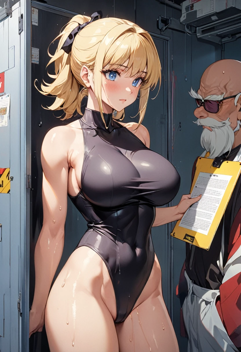 masterpiece, Highest quality, High resolution, (Artificial Human Room No. 18),1990s \(style\),(E-cup beautiful breasts)、height: 170cm,Sweating all over the body、Muscular、((sexy))、(Browsing Caution),独奏,Anime-style painting style, Blonde, blue eyes, (Wearing Master Roshi's orange gi),Pearl_necklace, bracelet, short hair, Earrings,Composition focusing on the upper body,(Cool face)、(Pointed Eyes)