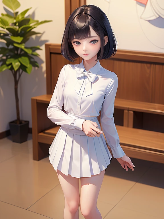 (masterpiece、Highest quality:1.7)、(:1.5)、(Above the knee shot:1.5)、Bobcut、Black Hair、85mm、16K、Official Art、RAW Photos、Best Beautiful Faces、Close-up、Violet、Gardenia、((The best beautiful girl、very cute))、Red blush on cheeks、indoor、(Are standing:1.8)、Film Grain、Chromatic Aberration、Sharp Focus、(((Nice hands、Perfect hands、Perfect Fingers、Thin and delicate fingers、A perfect body without flaws)))、Detailed face、(Slender body:1.5)、(Slender body:1.4)、(Small breasts:1.9)、(Let your bangs hang down:1.8)、(Blushing:1.8)、(Low contrast lighting:1.2)、(White tight business blouse with collar:1.5)、(White bow tie blouse:1.3)、(Long sleeve: 1.5)、(A very short white pleated mini skirt:1.5)、(Eyes closed:1.5)、back shot,(leaning forward:1.1)