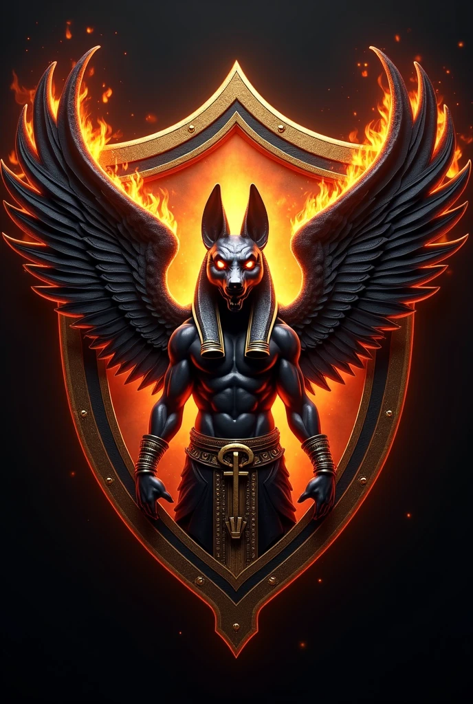 ((best qualityer)), ((work of art)), (detailded), create a gamer logo with the character egyptian god anubis, The logo must have a coat of arms with the character in front of the front bust, e o nome escrito ANUB☥S a letra i te que ser substituidada pela Cruz de Ansata ☥, Anubis has to be on fire epic gamer style with wings and dragon style, and anubis has to look bad, the colors have to be gold, black and red, don&#39;t forget to insert the name ANUBIS