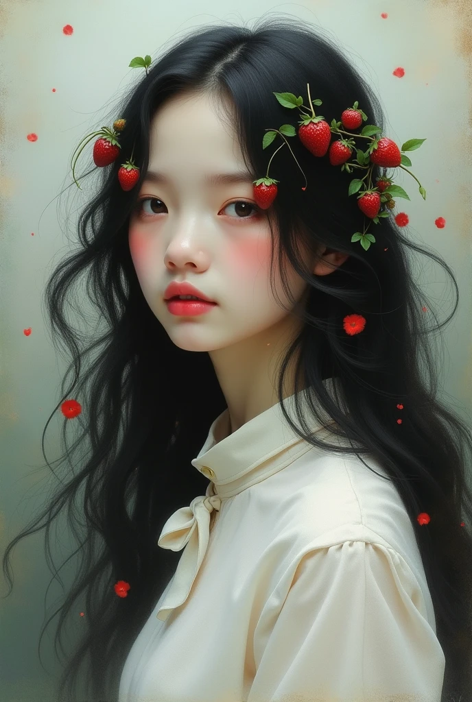 a girl with long black haired with strawberries on her hair wears white blouse