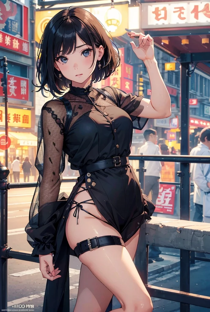 anime girl risque outfit yet cover skin, posing for photoshoot, masterpiece, best quality, high quality, wearing sunglasses near nose, one eye open, smiling