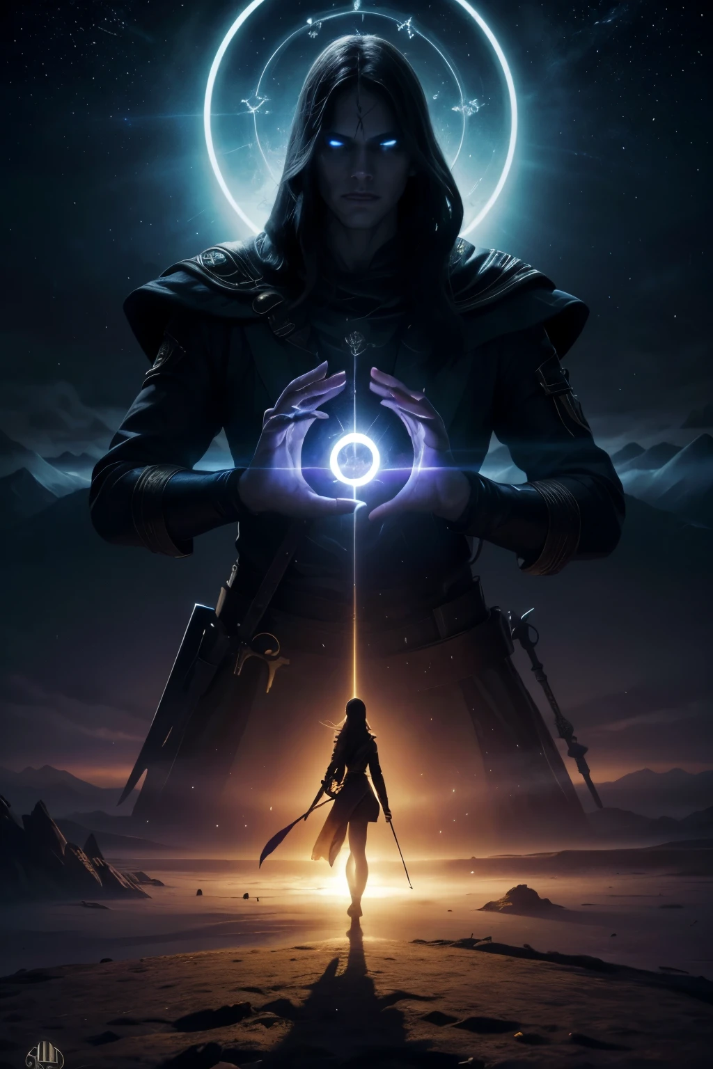 Background: A vast and mystical landscape, with distant mountains bathed in the golden light of the rising sun. O céu é tingido com nuances de purple e laranja, creating a magical contrast with the shadows of the night that still resist the dawn. Main Elements: The Floating Key: In the center of the cover, in the spotlight, an ancient and intricately decorated key floats in the air, emanating a soft glow. The key is medium, made of a golden metal with mysterious runes engraved along its length. The light she emanates seems to form a bright circle around her., suggesting its mystical power. The Protagonists in Silhouette: Na parte inferior da capa, Em primeiro plano, the silhouettes of the protagonists (Elena, Darian, Lyra, Find e Kael) are standing in front of the vast landscape. They are arranged in a semicircle, looking at the floating key. Each character holds a weapon or object that represents their abilities and personality. (a sword for Darian, a staff for Finn, a bow for Lyra, etc.). The Villain in the Shadows: No fundo, almost imperceptible, There's a shadowy figure (representing the Dark King) lurking in the shadows, with glowing eyes that convey threat, but without revealing details of the face. He observes the protagonists, suggesting the constant presence of danger. Tons e Cores: The cover uses a color palette that mixes gold, purple, blue and black, creating a sense of mysticism and adventure. The areas illuminated by the light of the key and the rising sun are against. The 5 protagonists must appear on the cover