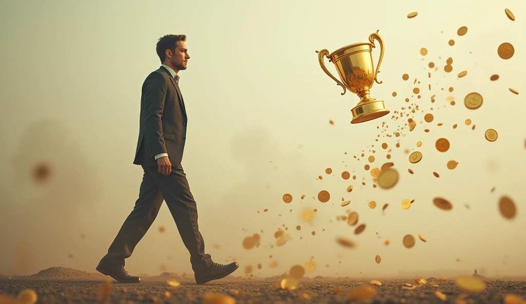 Create a realistic image wher : A close-up of golden coins, a shining trophy, and social media notifications, but they are fading away into the wind while the man walks past them, focused and indifferent.