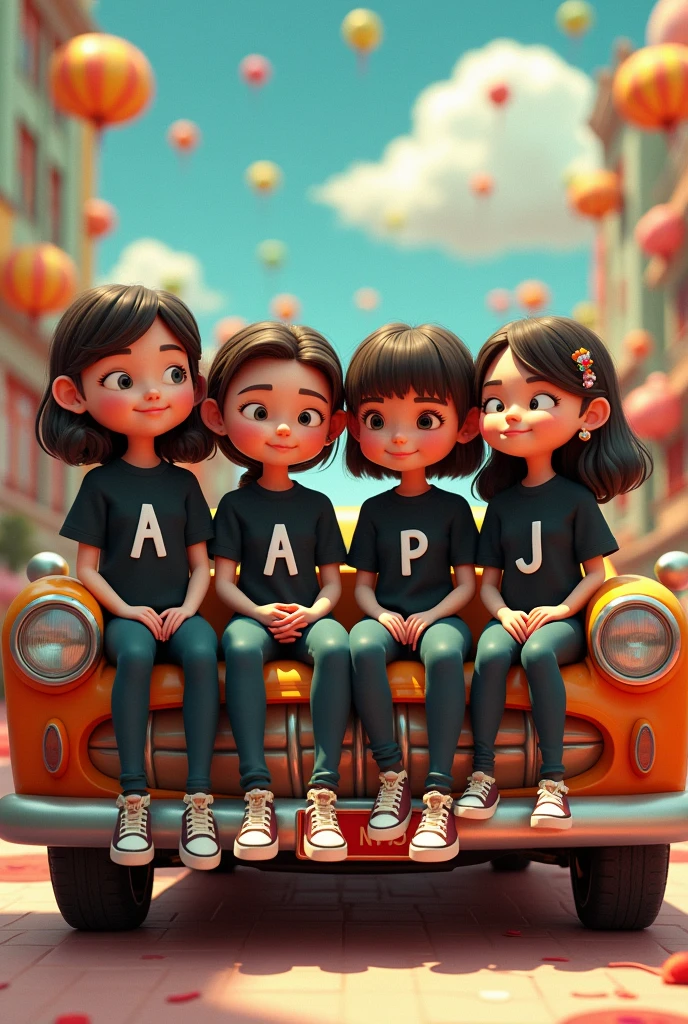 Make a 3d, illustration A four friends siting in a fortune car bumper all of friends in black dress his name write on his shirt first friend name is A, second friend name is A,Third friend name is P, fourth friend name is J