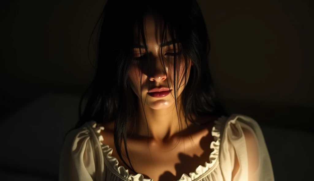 Cinematic. A detailed profile photo depicts a young woman, focusing on the upper torso and head area. The woman has long, straight black hair that flows down, partially obscuring the face. The hair is depicted with detailed strands, some of which cover parts of the woman's face. The woman is wearing a white ruffled nightgown with delicate frills along the collar and sleeve edges. The fabric appears soft and is slightly creased, indicating movement or tension. The warm lighting is soft but casts shadows that enhance the contours of the face and fabric, giving depth to the image. The background is dark, contrasting with the lighter tones of the skin and clothing. The overall mood is intense, as the character's posture suggests fear or deep thought, with the head bowed and hair falling forward.