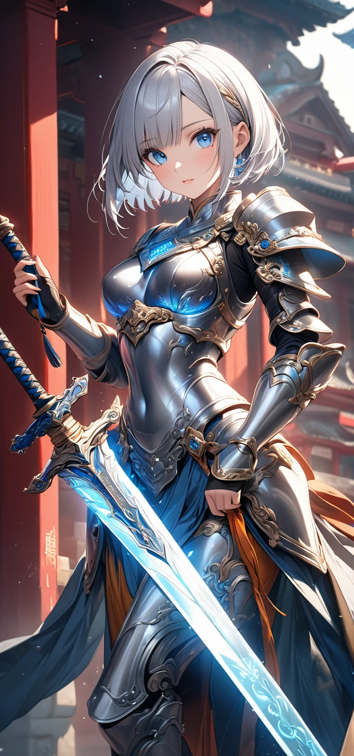 Ultra high resolution, rich colors, perfect image, best quality, detailed image, beautiful single woman, glowing skin, skin and clothing texture, delicate eyes, temple, silver armor, holy sword, lifted up, silver hair bob, blue eyes