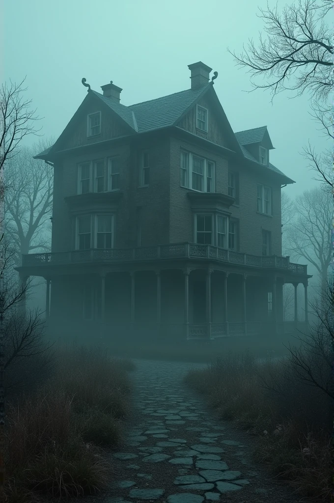 Show a scenic view of an old, abandoned mansion surrounded by overgrown plants and a spooky atmosphere. Use fog and eerie lighting to set the mood.