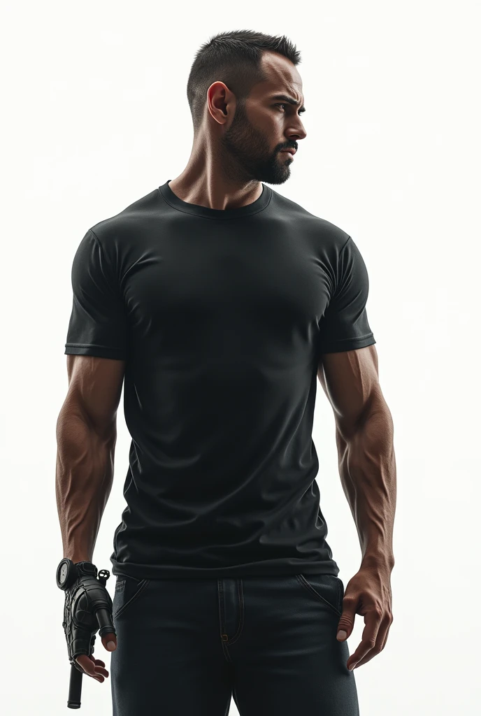 GTA STYLE,masculine,close-side-shot, 3/4 pose, muscular, tight t-shirt, white background, high contrast,crime and danger、Tension and suspense、Reflections on the avant-garde and the low ebb、evocative composition。(Best quality at best, 4K, 8K, A high resolution, masterpiece), ultra - detailed, (actual,realisticl styling, Photorealistic:1.37)