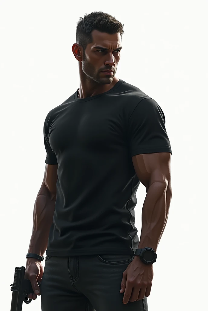 GTA STYLE,masculine,close-side-shot, 3/4 pose, muscular, tight t-shirt, white background, high contrast,crime and danger、Tension and suspense、Reflections on the avant-garde and the low ebb、evocative composition。(Best quality at best, 4K, 8K, A high resolution, masterpiece), ultra - detailed, (actual,realisticl styling, Photorealistic:1.37)