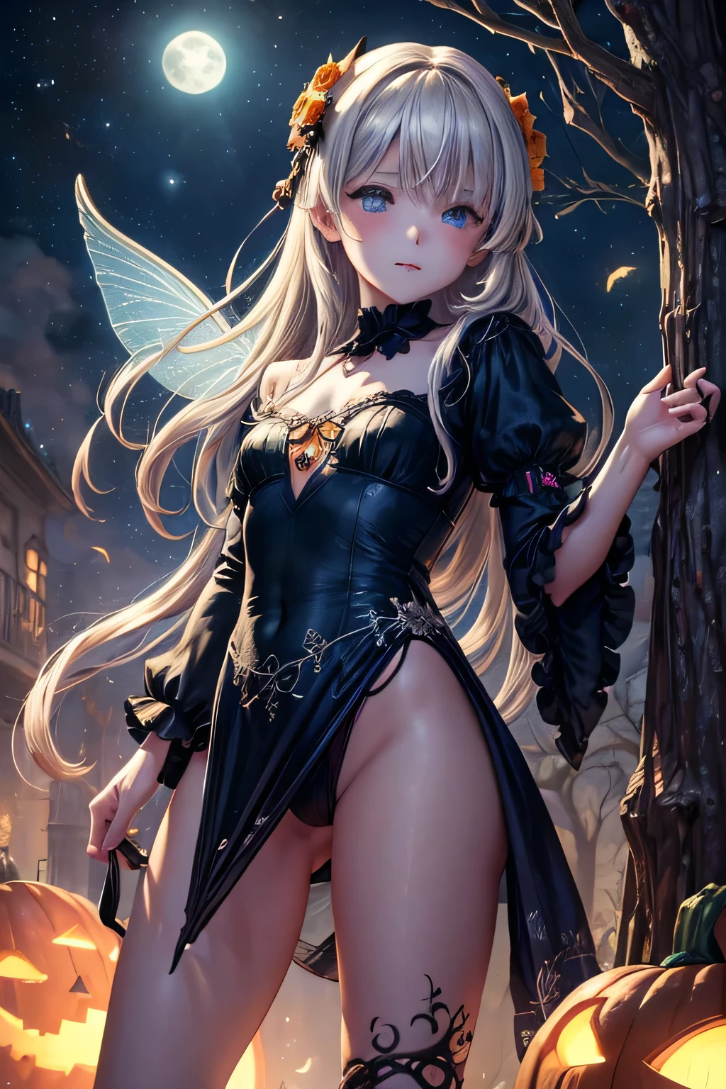 Children's book illustration, hyper detailed airbrush by pino daeni, Macro photography of a very cute, very beautiful and charming halloween fairy with expressive eyes, perfect face, standing on a branch, cute, Shape A (short erotic halloween fairy outfit), legs apart, looking at the viewer, holding a pumpkin in her hands, halloween fairy wings behind her back, outside starry night, moon, night, mansion with ghosts, conceptual art, pastel by Arthur Rackham on silk, strybk, james jean, Brian Froud, Miho Hirano, Neimy Kanani, Aykut Aydo du, ultra high quality model, perfect eyes, white-blue eyes, Rembrandt lighting style, hand negative