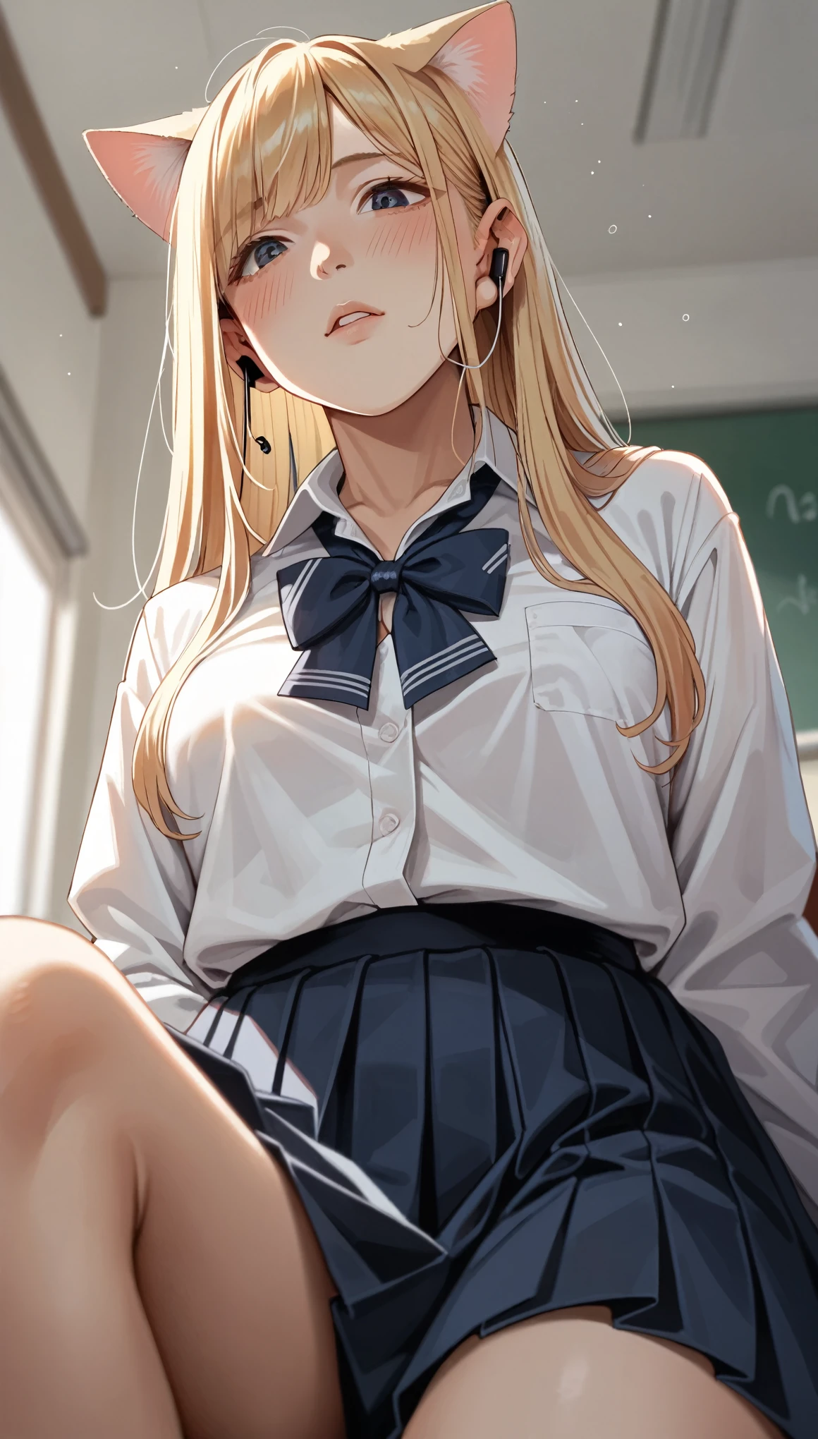 Sitting, High resolution, Long Hair, chest, Blushing, Blonde, Cat ear, Blurred, earphone, school uniform, (from below:1.2)