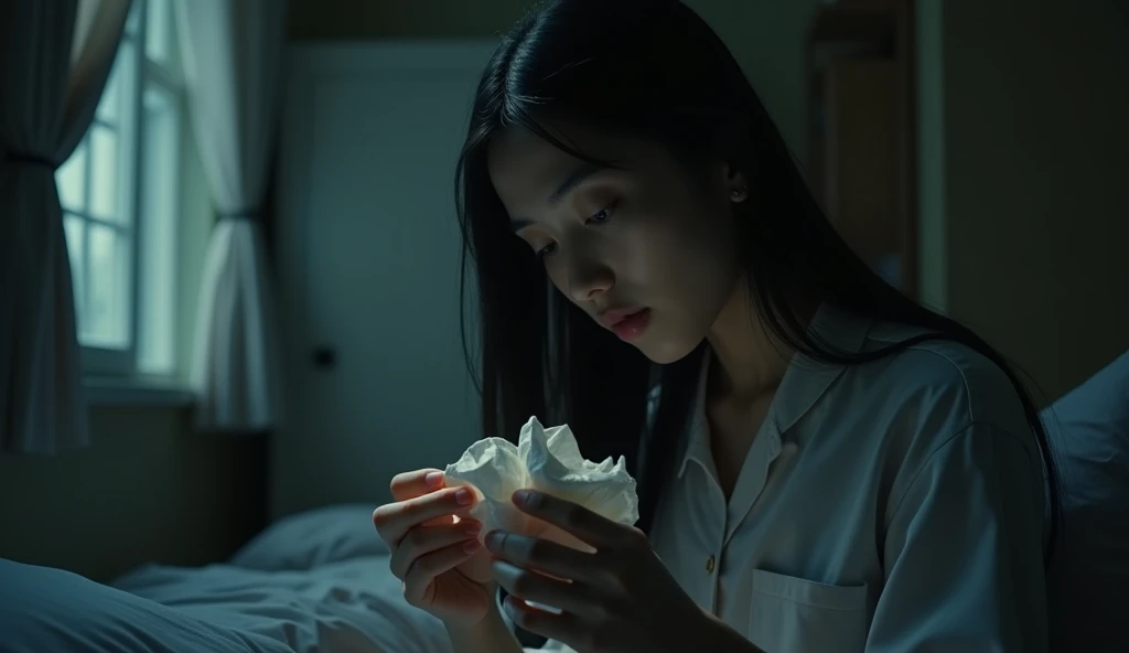 Setting: Mae Fah Luang University, a dimly lit dormitory room. a Thai young woman in her late s, black long hair, wearing simple Thai university uniform, as she open a crumpled note