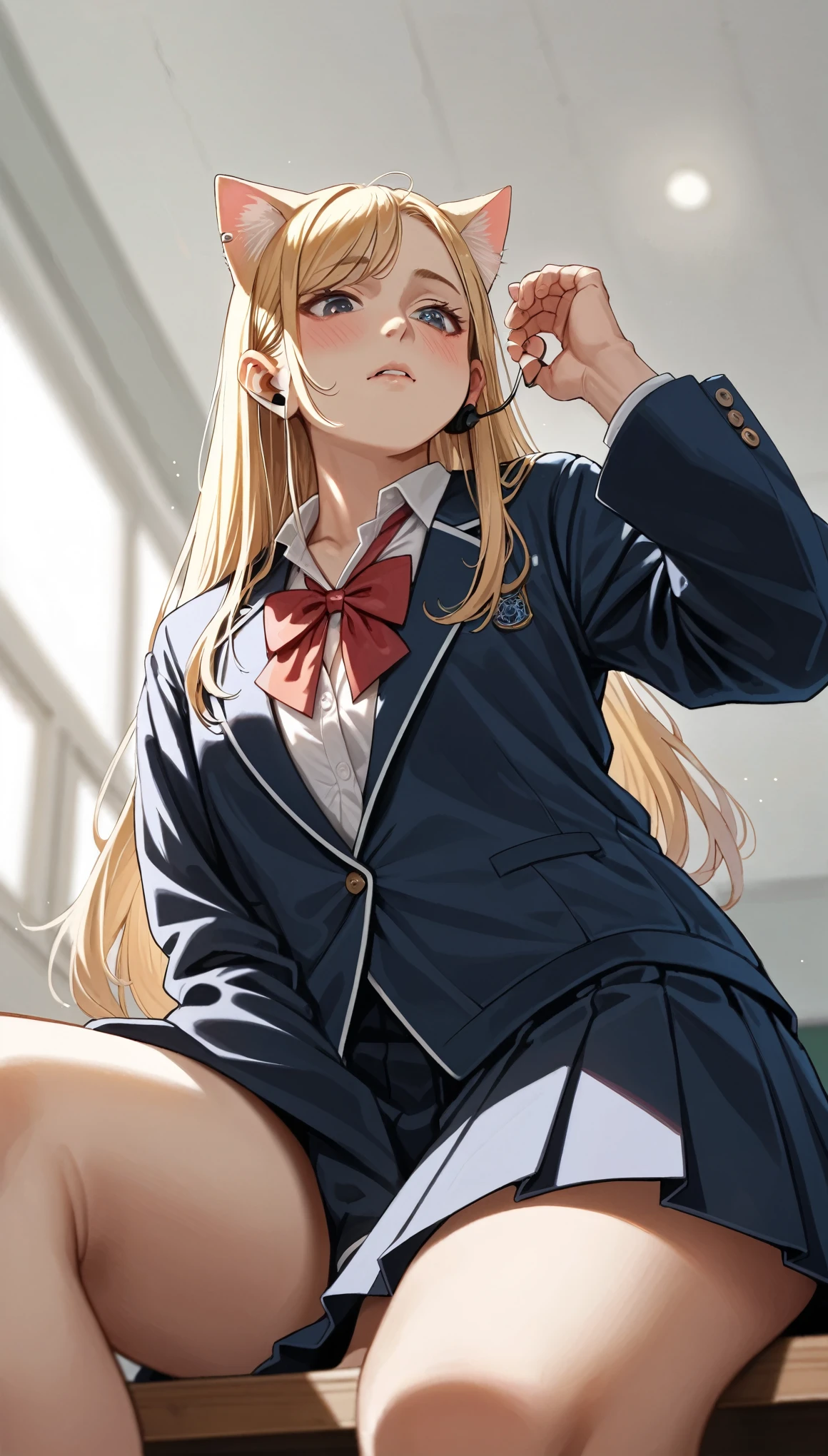 Sitting, High resolution, Long Hair, chest, Blushing, Blonde, Cat ear, Blurred, earphone, school uniform, (from below:1.2)