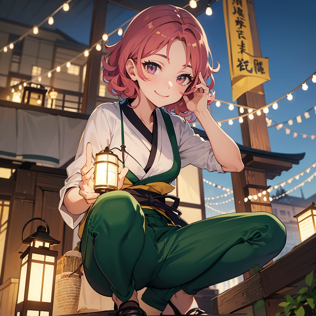 A girl is wearing a shirtless outfit in which her breasts are visible and dark green pants。Crouching over a lantern。Short curly pink hair。Forehead. Green meadow。bust shot。dark eyes。clothes flutter in the wind。smiling expression。bō in hand。elegant pose。Many small lanterns are floating。alone。Japan。blue sky。chiaroscuro,