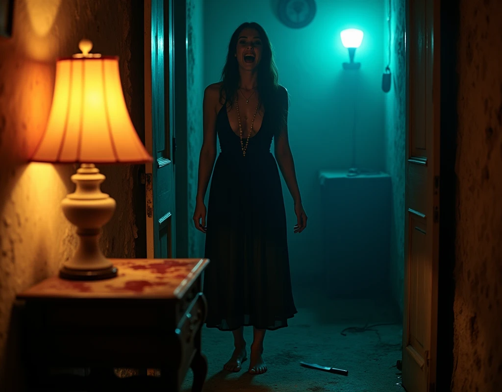 (horror movie aesthetic, eurohorror, fumetti comic book style, exploitation film style, retro, dim blue and orange diffused back lighting, cinematic lighting, Technicolor, volumetric lighting, lurid vivd colors, HD, 8x) Italy, old village, sexy evil nanny killing children, laughing, fear, pain, blood, ropes NSFW, wearing black dress, old lamps, dull yellow light, dead pets, blood, knives