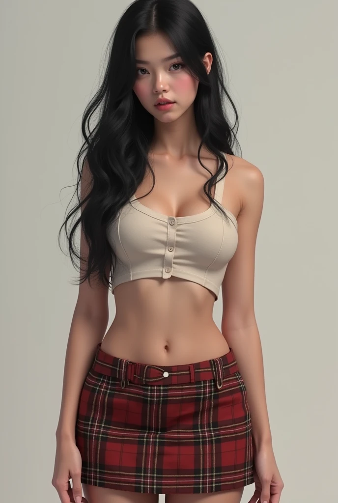 Design a realistic image of an  girl who looks like a real person without developing her attributes too much., little bust, a plaid skirt and showing her vagina, long black hair, Of lenses 