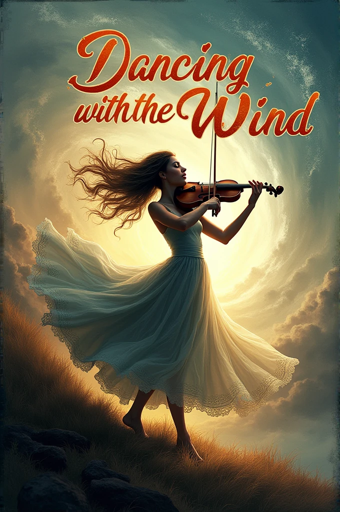 Book cover with the title "dancing with the wind" com lettering, with the image of a person playing the violin