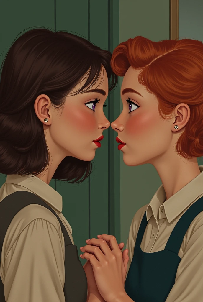 In 50s 1 teeneger girl lesbian, hair brown, eyes violet. Secret love for ginger girl, hair pixie cut, freckles