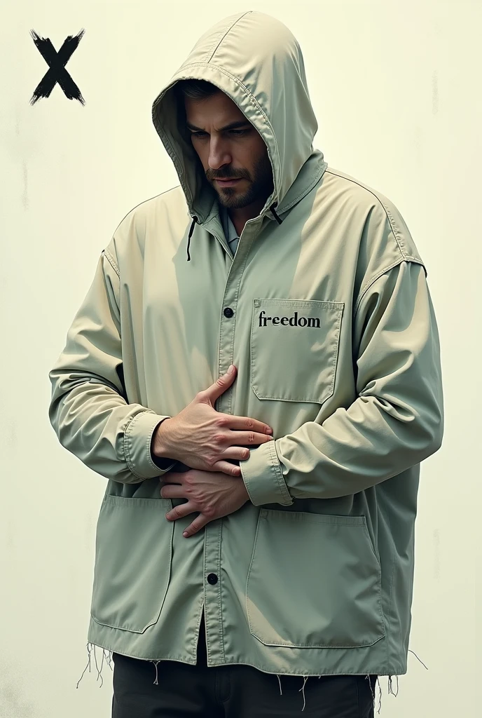 Make a person trapped in a shirt with a large X and a small freedom inscription
