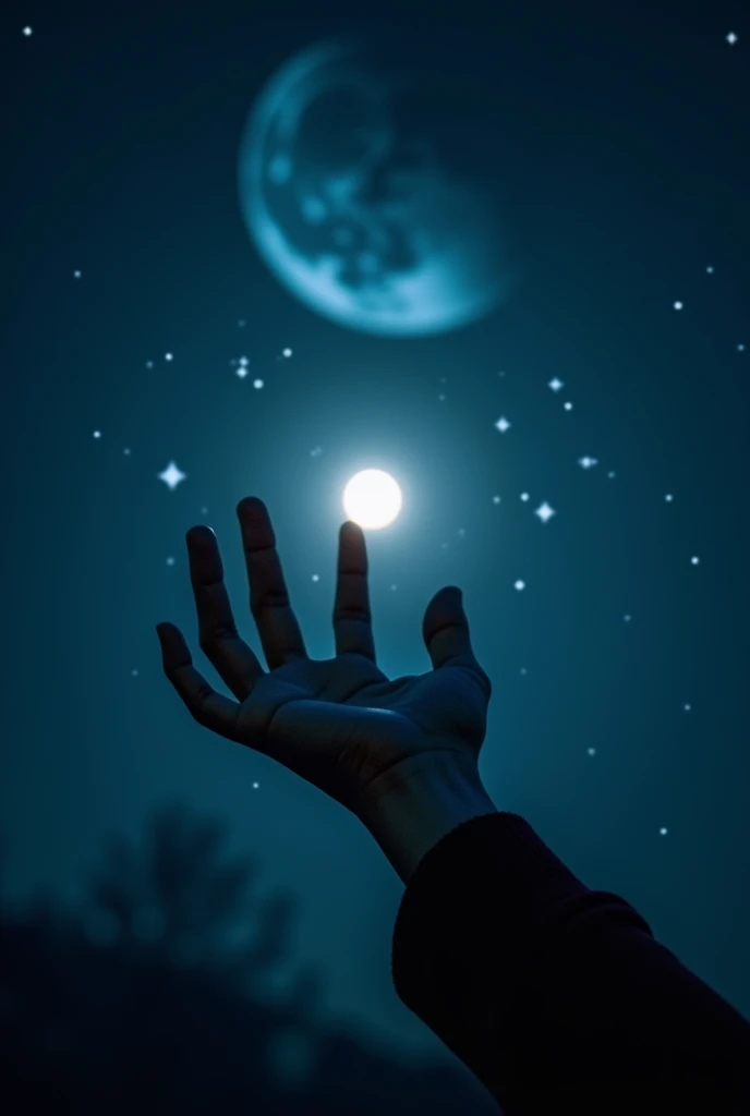 I want a photo like this at night looking at the stars and the moon, and the person taking the photo can see their hand touching the stars, It's like a photo taken from a phone, make it look real, The person is a man but the body should not be noticeable, only the hand. Let everything be darker and blurry
