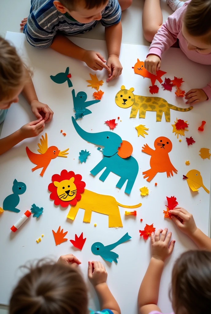 A group of children,  6, creating a collage of their favorite animals by tearing colorful paper with their hands. The children are happily tearing paper to form basic animal shapes like lions, elephants, and birds. The torn pieces are uneven and have a raw, childlike quality. The children are working on a large sheet of paper, arranging their torn pieces into animals, with no scissors in sight, just scattered torn paper and glue sticks around.