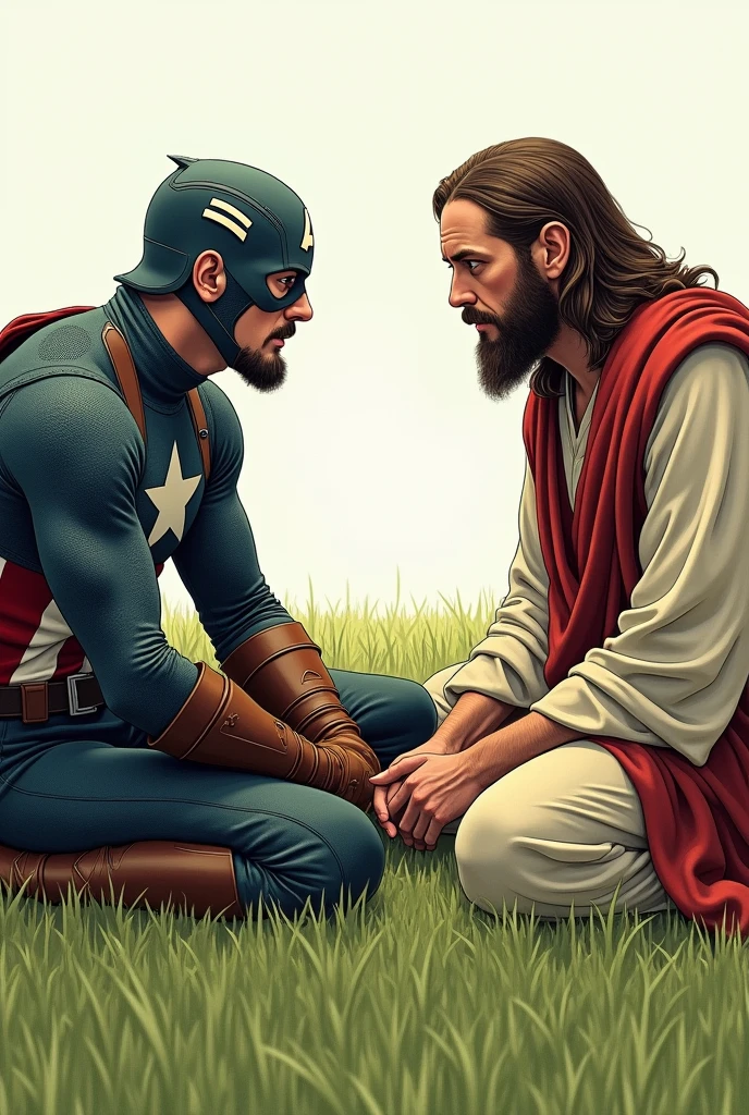 Captain America drawing on the field , sitting in front of jesus on the grass, Captain America saying he's tired,and jesus speaking "I understand"I know that sometimes you feel like giving up!