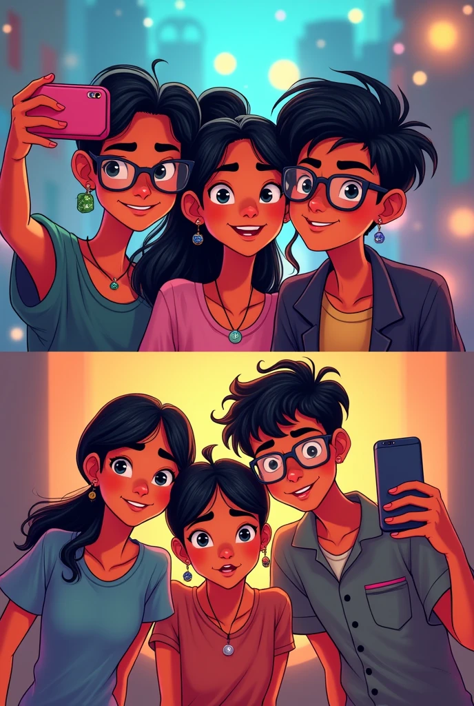 Illustration of four friends
Malay a boy aspiring inventor who has black hair and wears spectacles
Latika a girl amateur magician who wore a signature pendent
Jagriti a girl aspiring chef black eyes
Sahil a boy prankster with curly hair
Two Illustrations one in which they are taking selfie and another a group photos
