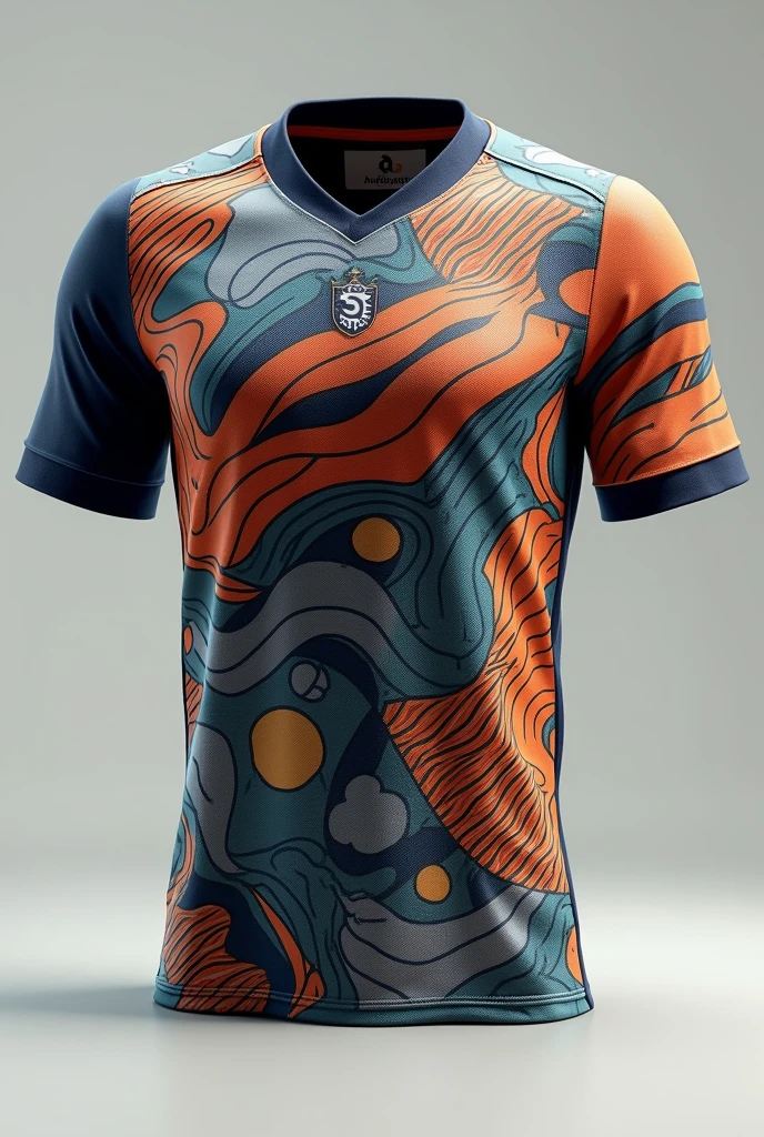 A football jersey using patterns, unique, From front, attractive, no logos, no texts, no human, only jersey