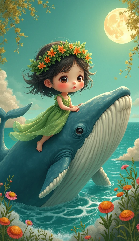 a Chibi girl, green dress, face detailed, green garland on head, riding a big whale in the ocean , ลายเข็นgreen gold, Gustav Klimt art inspired ,fantasy, สีสดใส, aurora ,wide shot, full body, 9:16 ,cute detailed digital art, background matching pink, creating a harmonious and dreamlike portrait, beautiful art uhd 8k, adorable digital painting, magical ocean , very beautiful gorgeous digital art.