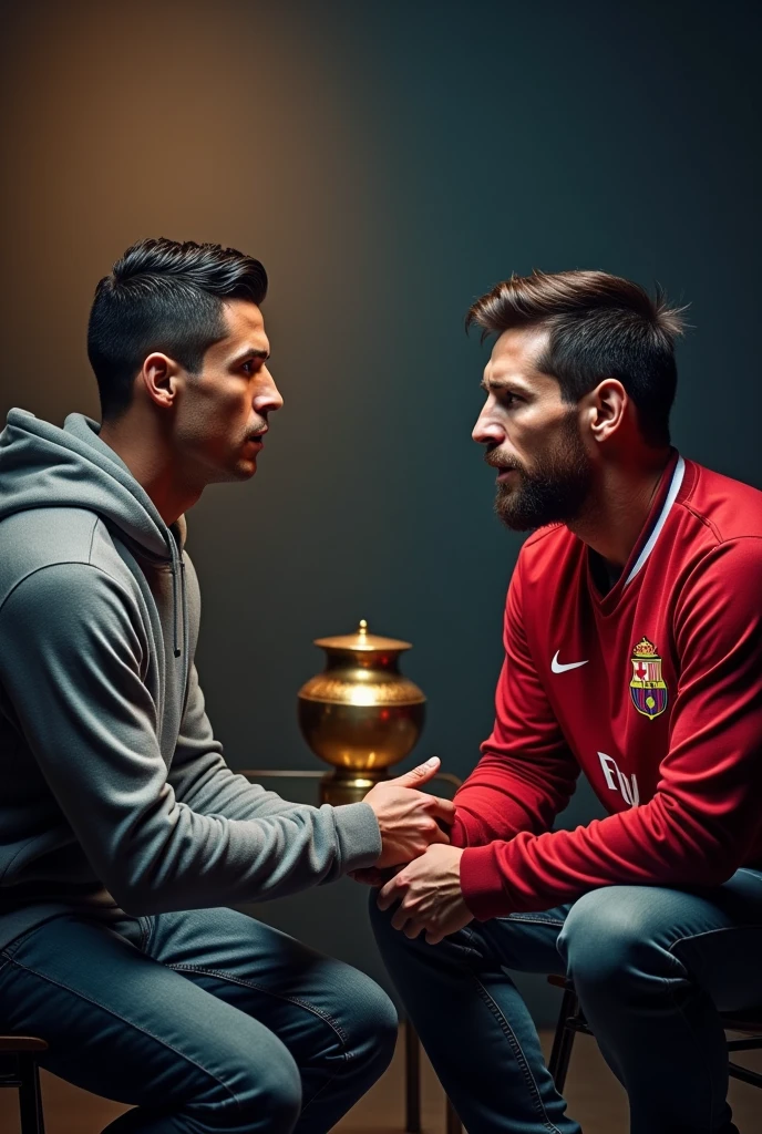 Ronaldo and messi in a podcast in front of each other discussing about football in ronaldo s youtube channel studio