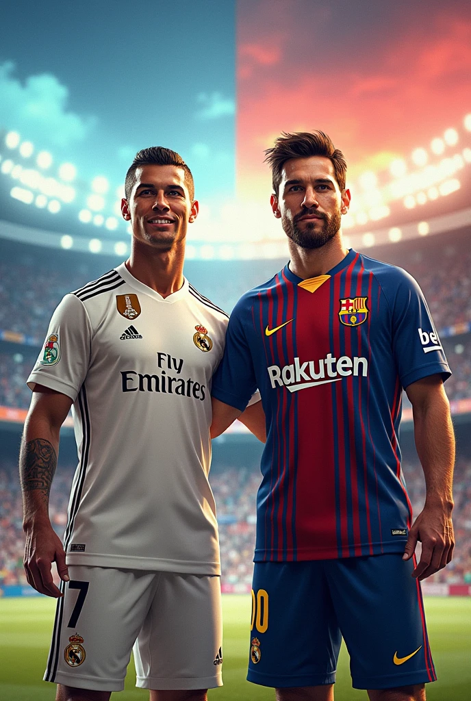 Ronaldo and messi together in real Madrid and Barcelona Kit's with a banner in her hand