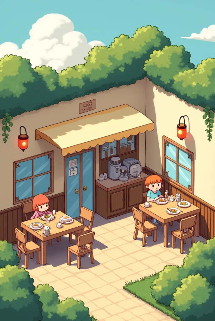 (masterpiece:1.2, Highest quality,Ultra-high resolution,Super detailed),8k,(wallpaper),(Best illustrations:2.0),(chibi restaurant : 2.0),(restaurant ,Very simple design),(isometric illustration) lofi, cozy, Studio ghibli style ,pastel tones, landscape