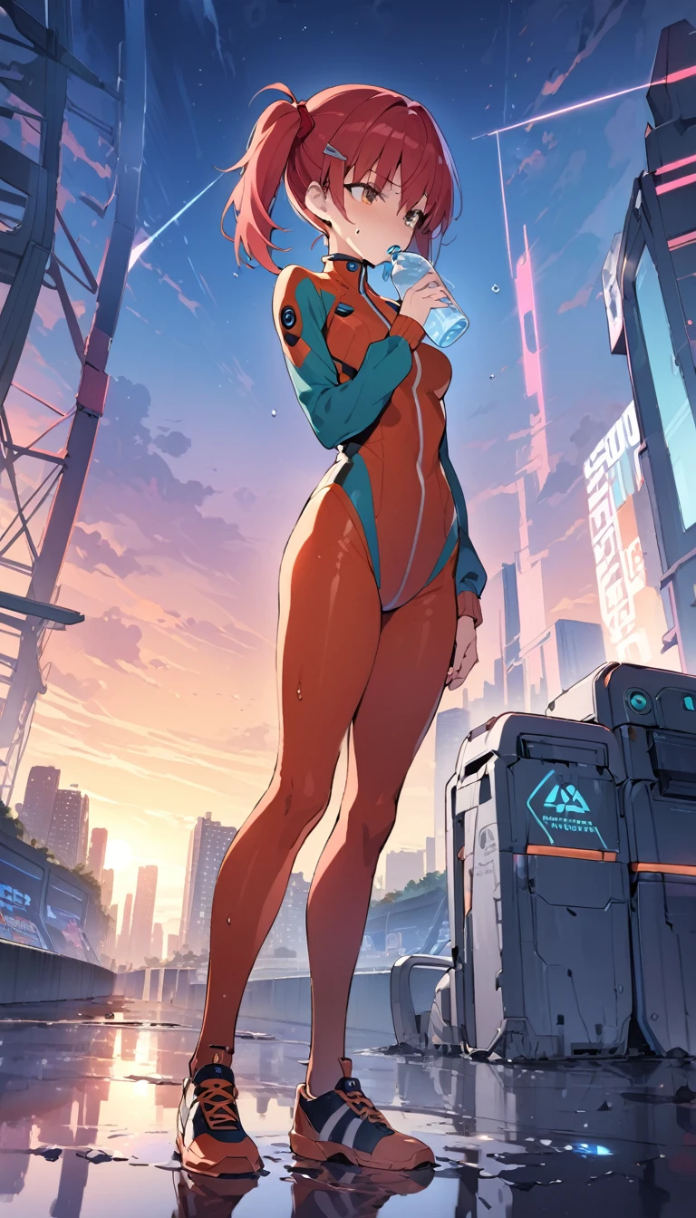 ((full body)),"One girl, Soryu Asuka Langley, Neon Genesis EVANGELION, Mid-chest,Athletic build, Track and field uniforms, Red Hair Clip, Sweaty skin, Drinking water, Snake mouth for outdoor use, Futuristic School Setting, Distant Eva Unit, Tired look, peace of mind, Nearby plug suits, LCL puddle, masterpiece, Highest quality, so beautiful, Absurd, Detailed face, Full Body Shot, Sunset sky, The skyline of Neo Tokyo 3"，Browsing Caution，