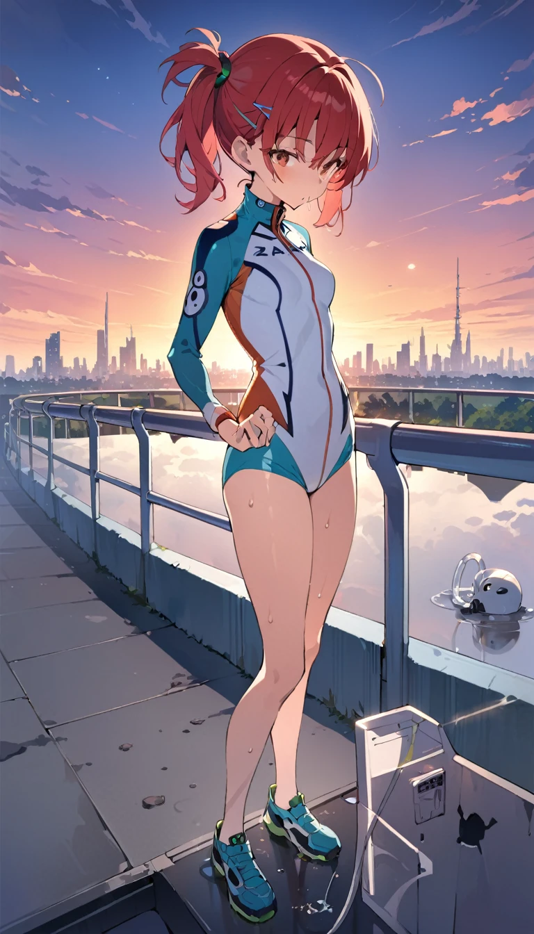 ((full body)),"One girl, Soryu Asuka Langley, Neon Genesis EVANGELION, Mid-chest,Athletic build, Track and field uniforms, Red Hair Clip, Sweaty skin, Drinking water, Snake mouth for outdoor use, Futuristic School Setting, Distant Eva Unit, Tired look, peace of mind, Nearby plug suits, LCL puddle, masterpiece, Highest quality, so beautiful, Absurd, Detailed face, Full Body Shot, Sunset sky, The skyline of Neo Tokyo 3"，Browsing Caution，