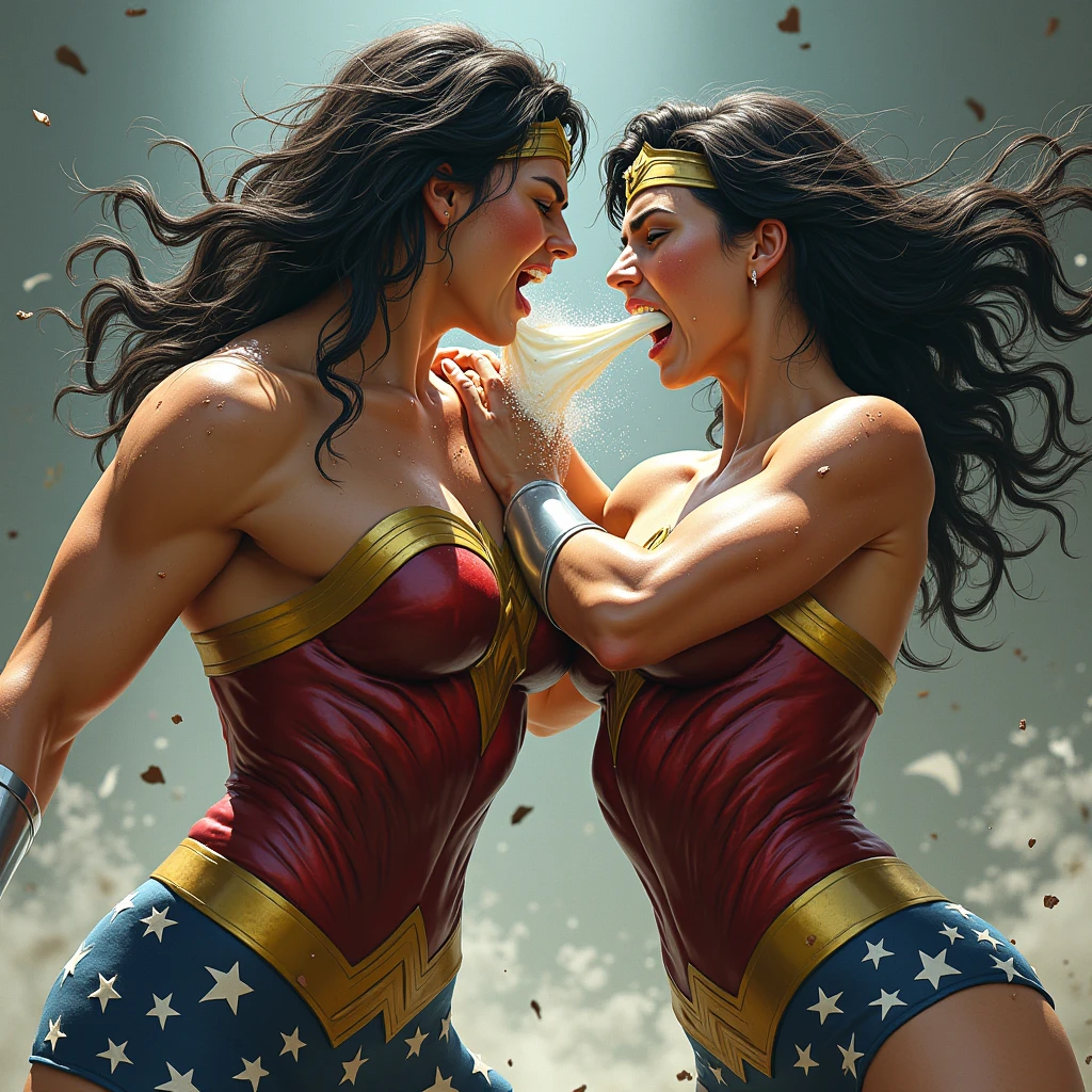 (sweaty)(muscular)A very sweaty (Super Girl) is punching a very sweaty muscular (Wonder Woman) in the gut. Wonder Woman is very hurt and she spit out a lot of milk. Lot and Lot of water continously dropping from Wonder Woman's mouth to the floor. There is lot of sweat on her muscular body. She's coughing and breathing hard.