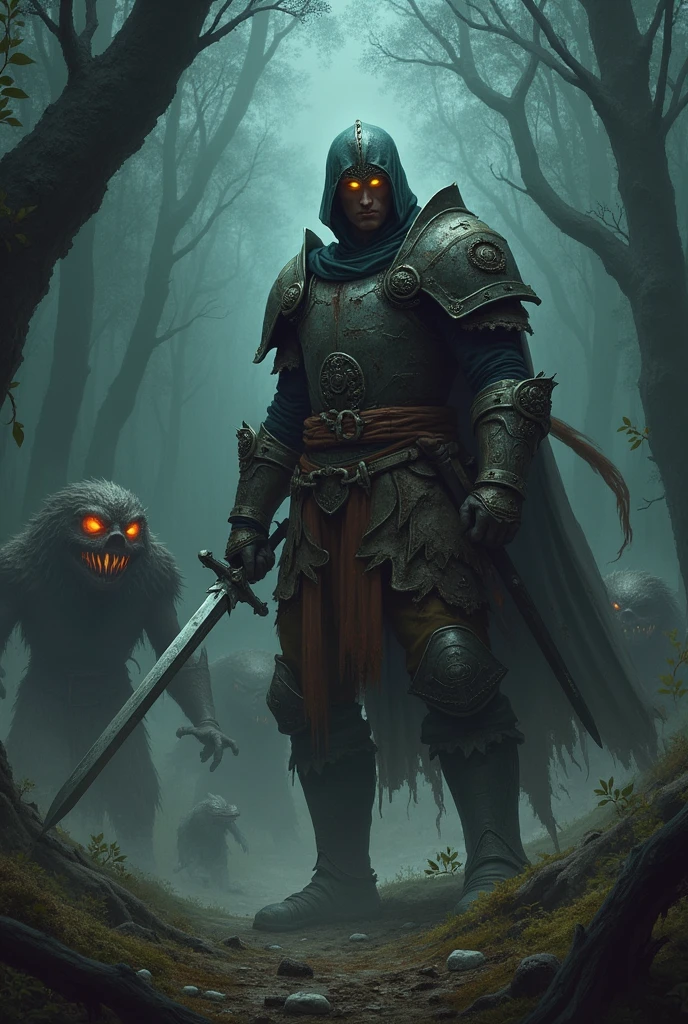 a warrior fights in the darkness , monsters in the forest, it's pitch black, the warrior does not give up, he fights to the death