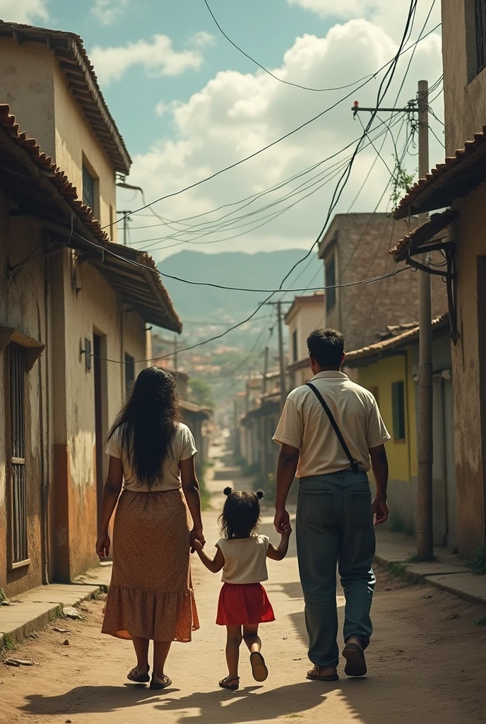 I am the way, peace and life, landscape, includes a Latin American family in work clothes, includes a woman and a girl, a man and a boy, in a poor city
