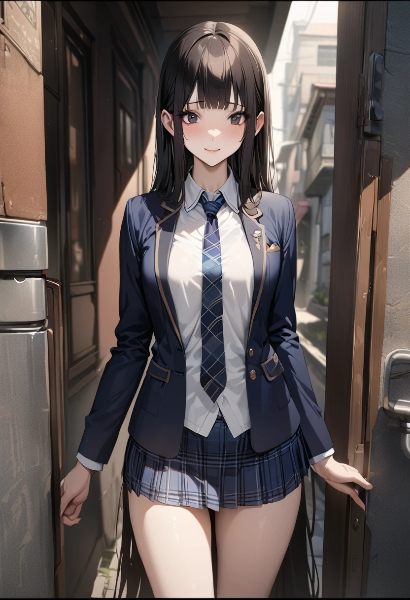 Fantasy art、((masterpiece,best quality anime,Highest quality:1.3)),realistic,portrait,cowboy shot,1woman,(Mature Beauty),((very small head:1.4)),((very long body:1.3)),long hair,black hair,bangs,(gorgeous big eyes),black eyes,smile,(School uniform、Dark blue blazer jacket、Navy blue tie、Dark blue plaid mini skirt),white collared shirt,((slender body:1.3,skinny:1.2)),medium breasts,walk,on road,Magic City、High-rise buildings、A world of magic and science,
