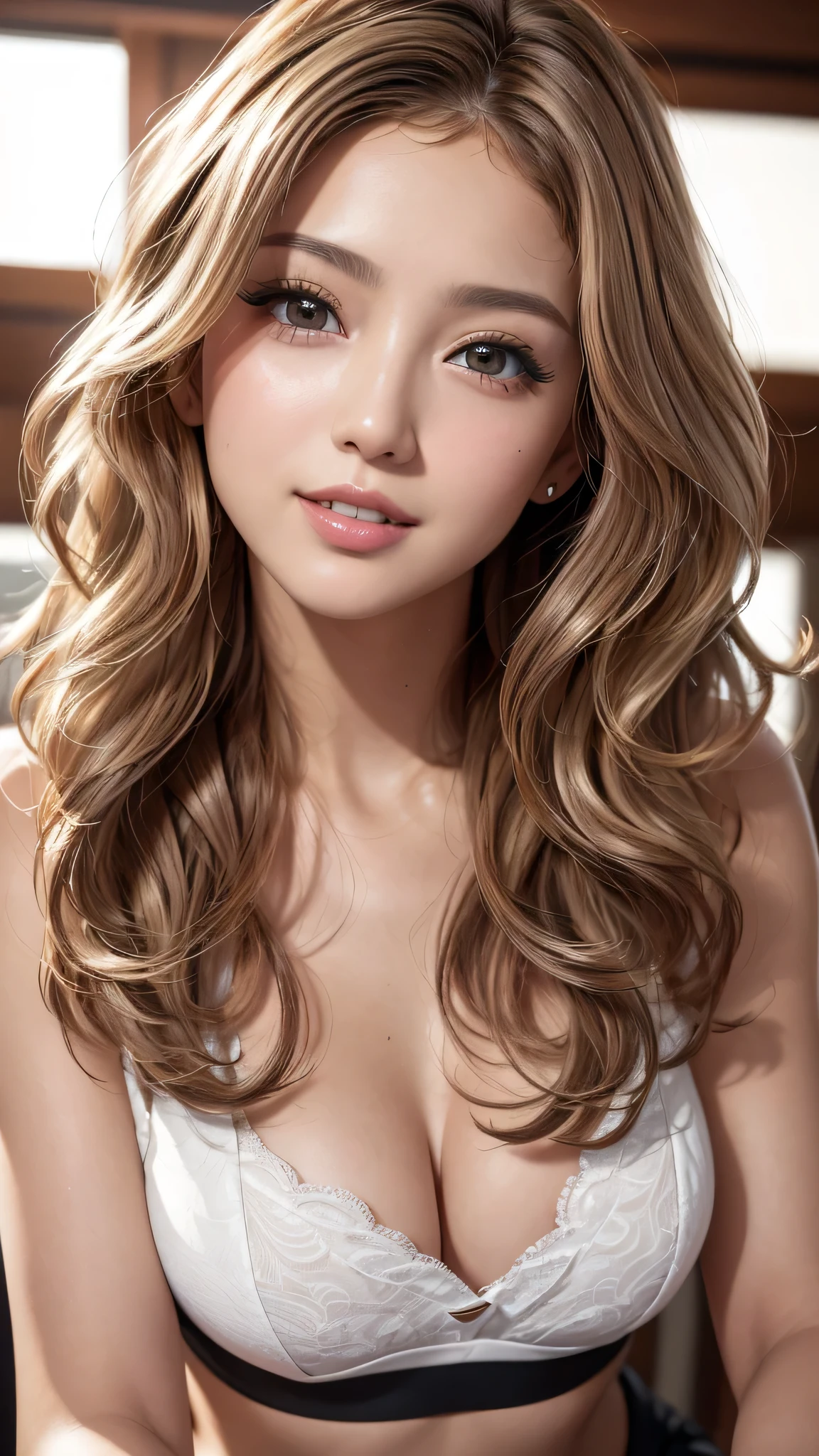 ((Highest quality, Tabletop, Ultra-high resolution、The most complex and detailed depiction))、(Face close-up:1.5),(One beautiful woman:1.8)、(Very light brown wavy hair:1.8), (Accurate anatomy:1.1)、Colored contact lenses、Perfect Makeup、Natural Lip、Highly saturated eyeshadow、sexy black bra、Short skirt、Blurred Background, Look at me and smile、Luxurious Room、(Ultra-high resolution gloss, Fair skin:1.1)、Ultra-high resolutionの顔、Ultra-high resolutionの髪、Ultra-high resolution sparkling eyes、Ultra-high resolution glossy lips、(Brightly lit white skin:1.1)、Beautiful face drawn in every detail、Ultra-high resolution perfect beautiful teeth、whole body, Expose your shoulders:1.8,Front Angle:1.8,Slim figure:1.5,D-cup soft breasts:1.8,Glamorous Body:1.1,Small face:1.3,