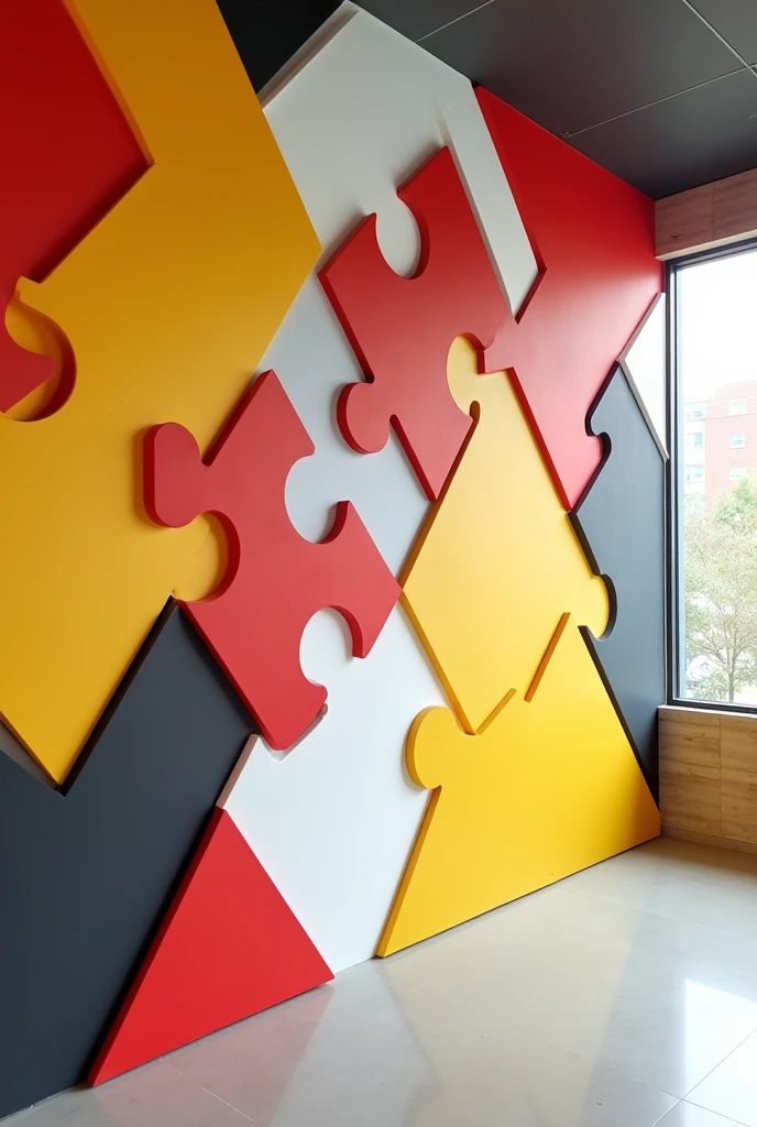 MAKE A DESIGN FOR A WALL, THAT HAS PUZZLE PIECES WITH RED, YELLOW, WHITE AND BLACK COLORS
